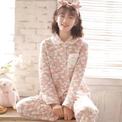 Pajamas women's autumn and winter thickened cotton long sleeve air cotton set Korean cotton can wear two-piece home clothes