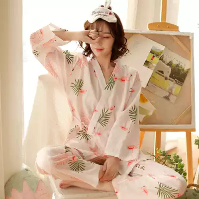 Japanese kimono pajamas women cotton spring and autumn lace cotton double gauze sweet fresh home clothing long sleeve set