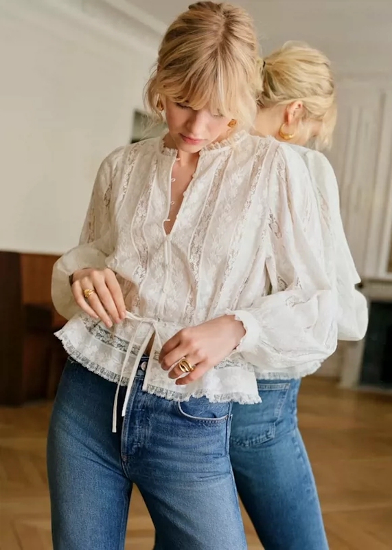 Discount Sezane Sibel French-Style Hollow-Out Floral Embroidered Lace Puff Sleeve Button-Front Blouse for Women
