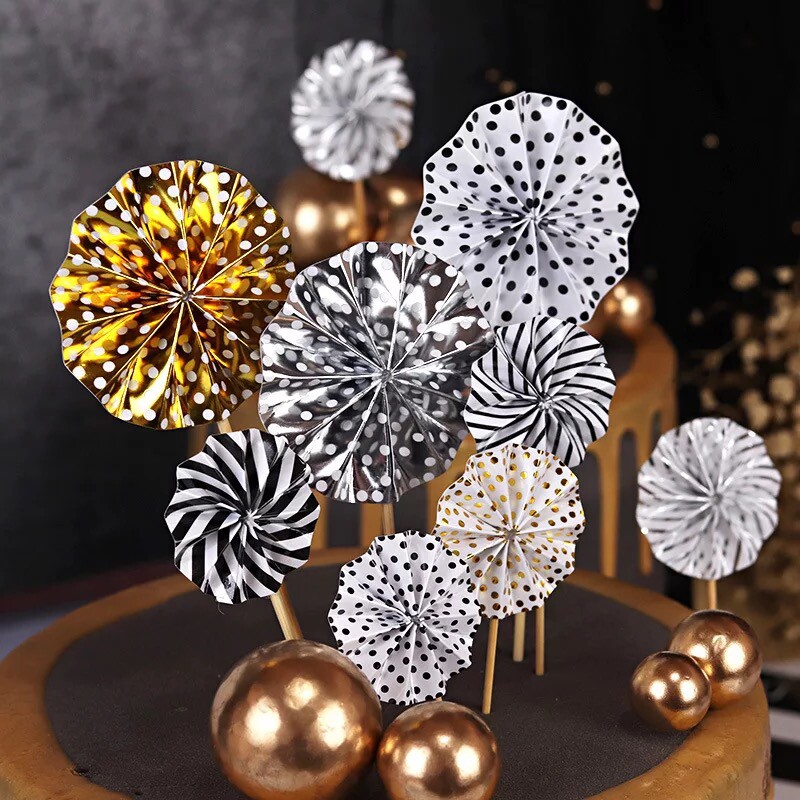 Baking cake decoration flag sun flower combination paper fan flower origami flower gold and silver sun flower card 4 pieces