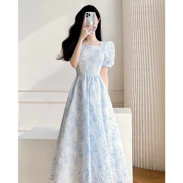 French Square Neck Puff Sleeves Goddess Fan Dress Women's High-end Court Style Temperament Goddess Fan Mid-length Skirt