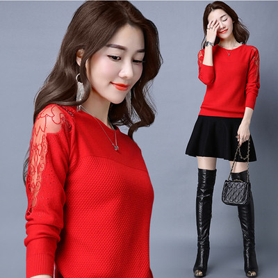女韩版新款羊毛衫打底衫镂空蕾丝针织衫
