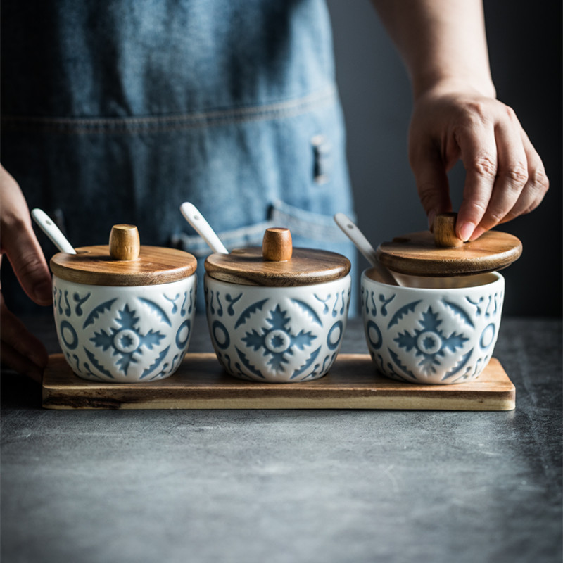 Seasoning Box Kitchen ceramic Home Seasoning Jar Seasoned Jar salt Jar Seasoning Combined Suit Seasoned Bottle Sauce Bottle