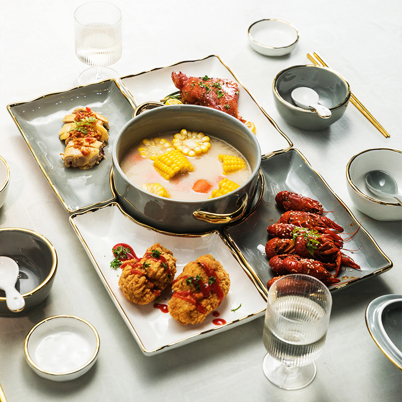 Chinese New Year Square Table Square Dish Set Nordic Ceramic Household Tableware Creative Combination Reunion Dinner Platter