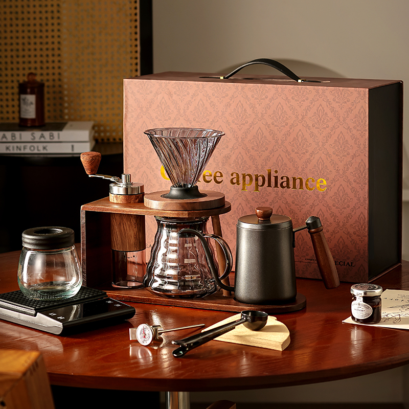 High-End Hand-Brewed Coffee Pot Set, Small Household Hand-Cranked Coffee Bean Grinder, Stand, Gift Box