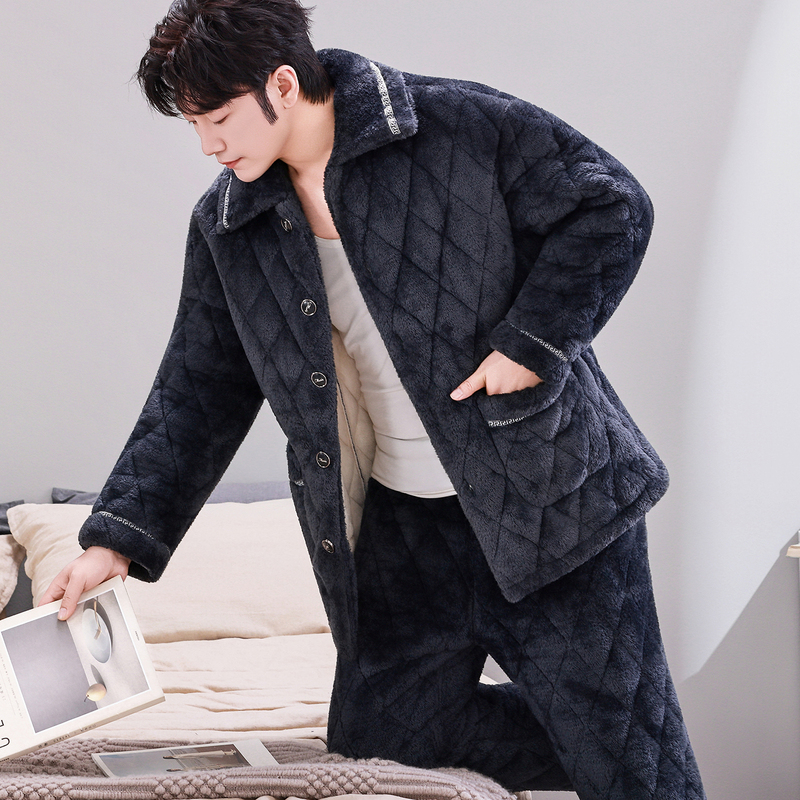 New Men's Pajamas, Winter Thickened and Fleece-Lined, Three-Layer Quilted Cotton, Coral Fleece, Autumn and Winter Warm Home Wear Set New Men's Pajamas, Winter Thickened and Fleece-Lined, Three-Layer Quilted Cotton, Coral Fleece, Autumn and Winter Warm Home Wear Set