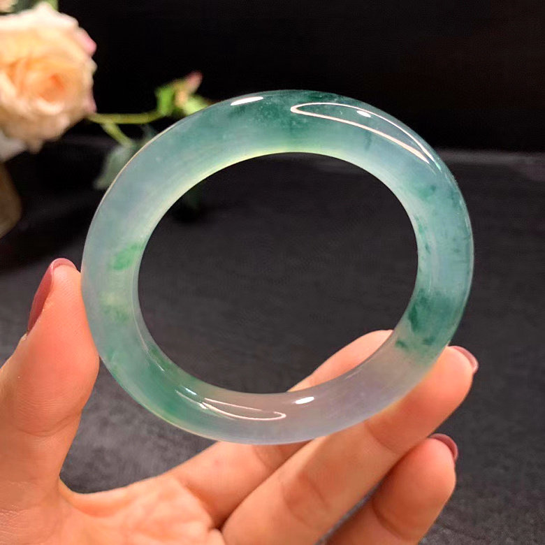 Natural old pit Myanmar ice species floating flower jade bracelet floating green flower positive circle jade bracelet women's counter transparent jade bracelet