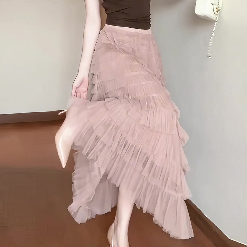 Early Spring High-Waisted Mid-Length Slimming Hip-Covering A-Line Long Skirt with Pink Mesh Layered Cake Skirt