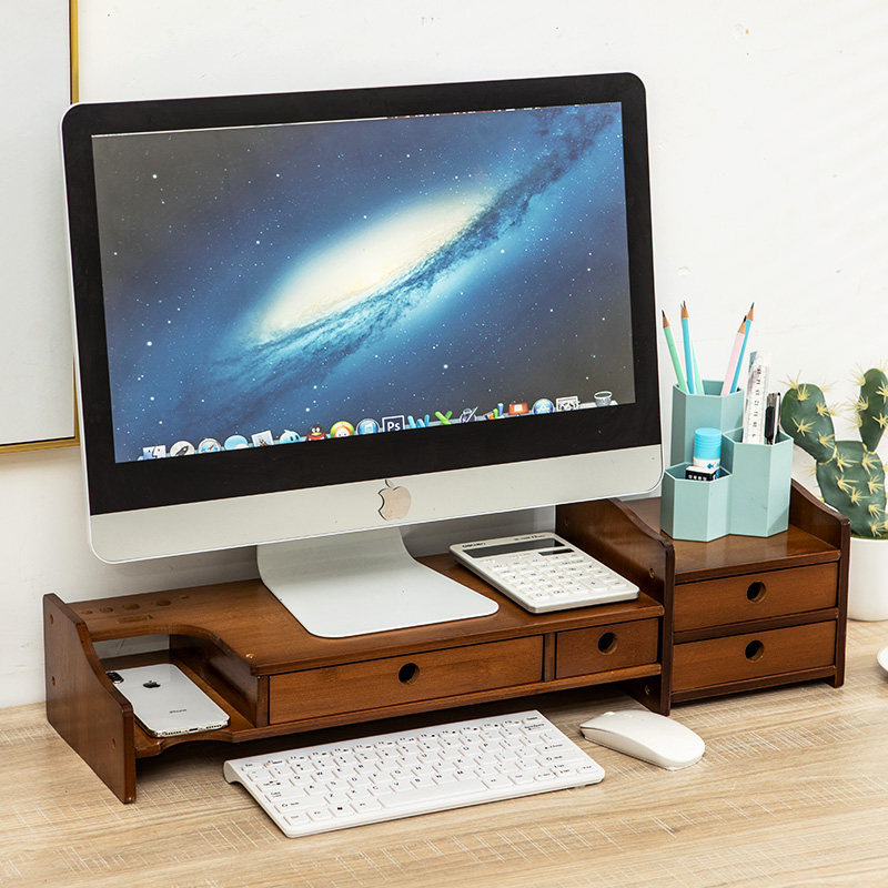 Creative display screen elevated desktop desktop to include base rack drawer shelves