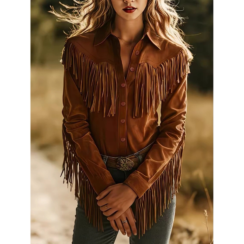 Cross-Border Autumn Women's Suede Fringe-Decorated Casual Jacket with Lapel, Dark Green Stylish Warm Coat for Women Cross-Border Autumn Women's Suede Fringe-Decorated Casual Jacket with Lapel, Dark Green Stylish Warm Coat for Women