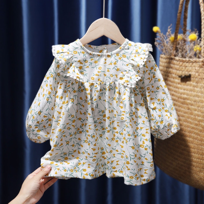 YellowChildren Broken flower Dress spring and autumn Long sleeve Korean version Girls' clothes Autumn clothes Super foreign atmosphere Baby girl princess skirt