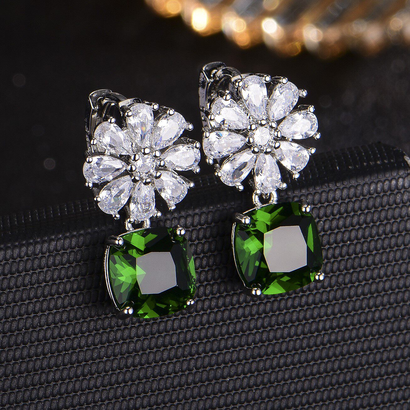 New style simulation emerald green tourmaline flash button female elegant square earring ear