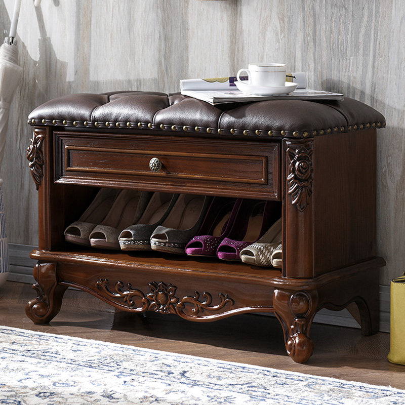 Changing shoes stool Home Breathable No Door Genuine Leather Shoes Cabinet Door External Sit stool Entrance Floor Pure Solid Wood With Stools