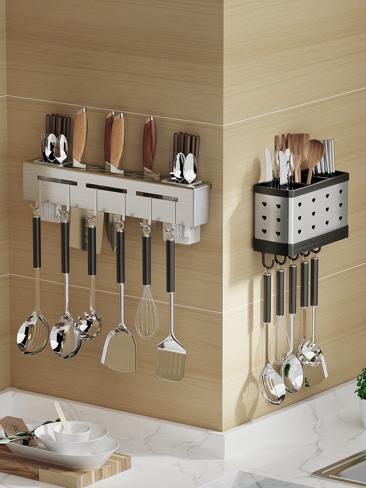 Stainless steel knife holder kitchen knife kitchen supplies multi-functional storage rack wall-mounted chopsticks barrel knife integrated storage rack