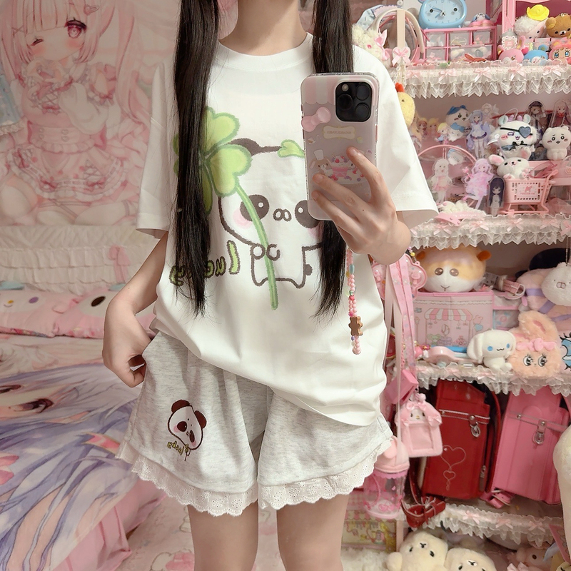 [Lucky Panda] Original Cute Japanese-Style Printed Cartoon Summer Pure Cotton Short-Sleeve Shirt