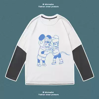 Long sleeve T-shirt men's autumn jacket loose lazy style French Joker retro Hong Kong style fake two party sisters with the same model