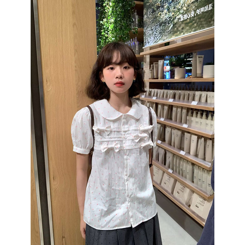 Korean Style Puff-Sleeved Short-Sleeved Shirt for Women Summer Bow White Polka-Dot Shirt Girly Age-Reducing Slimming Top