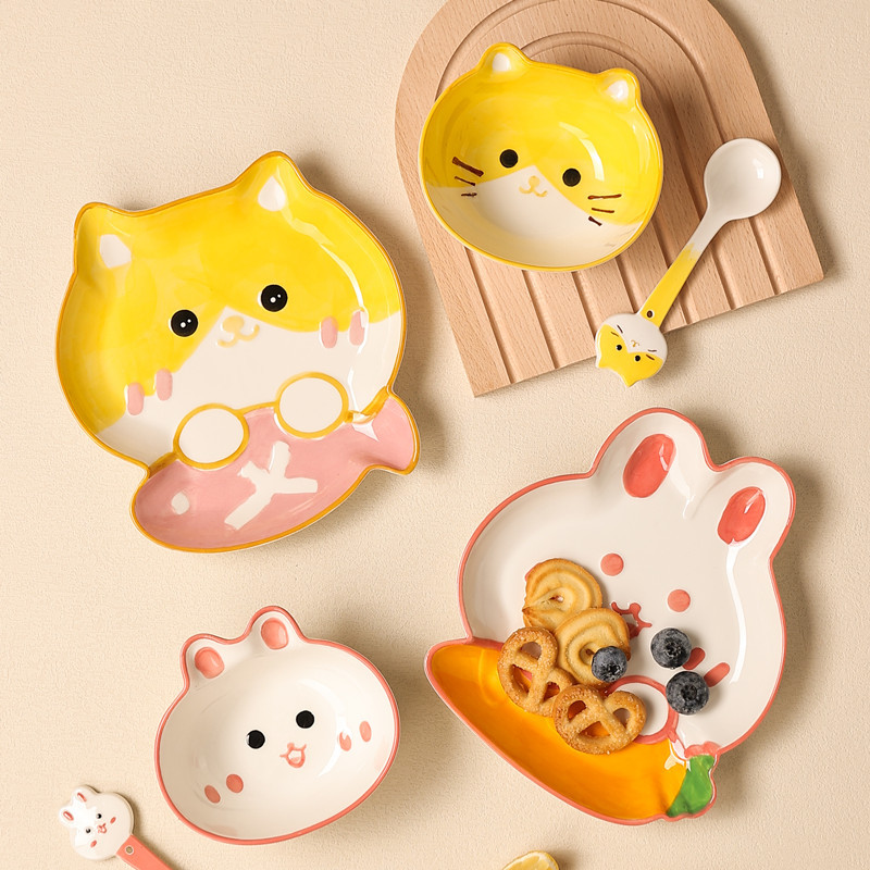 Ceramic Children's Dinner Plate and Bowl Set with Cartoon Design, Beautiful and Cute Creative Breakfast Plate with High Aesthetic Value