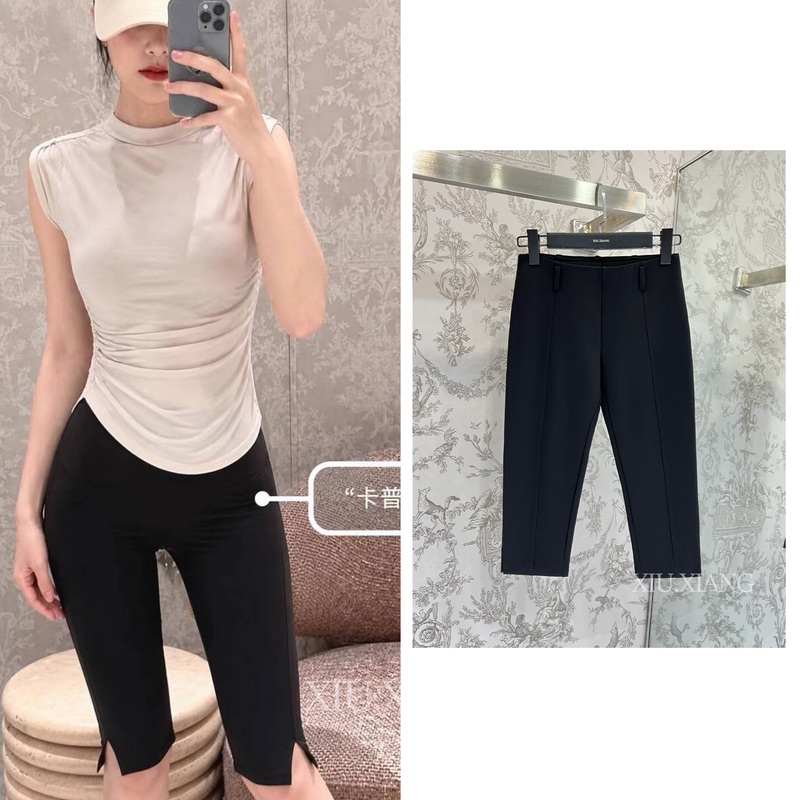 Benchmark 500 Version】Original Fabric "Capri" Stretch Slim-Fit Black 7/8 Pants for Women, Summer
