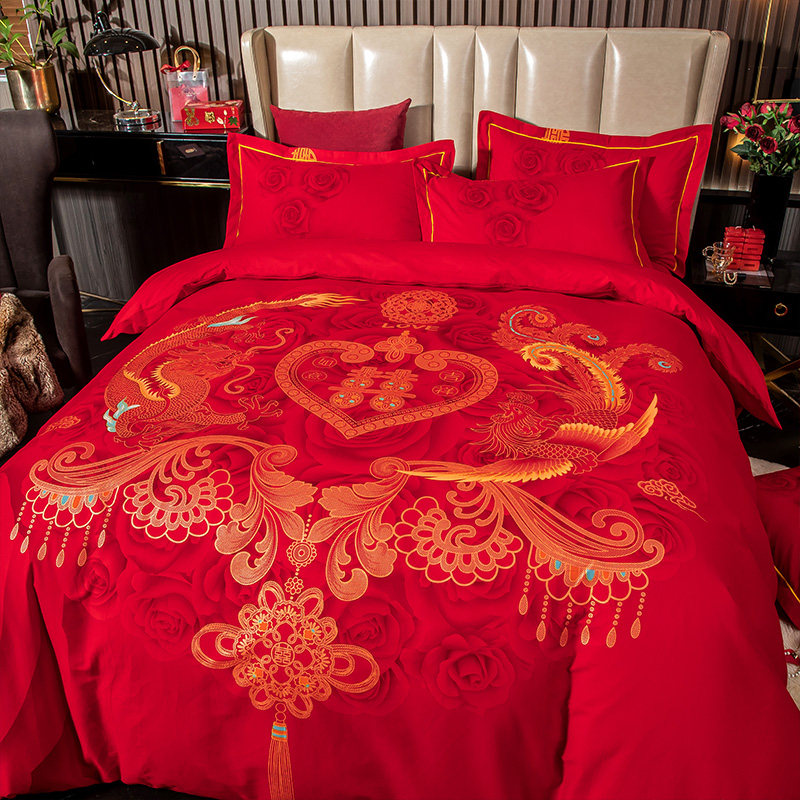 Bed Cube 2022 autumn and winter new wedding sanding four-piece wedding bedding pure cotton red wedding kit