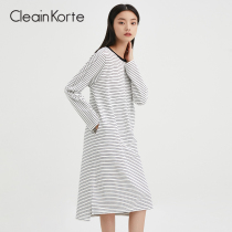 CleainKorte Nightdress Women Autumn Winter Cotton Striped Nightdress Loose Long Sleeve Can Go Out Casual Home Clothes