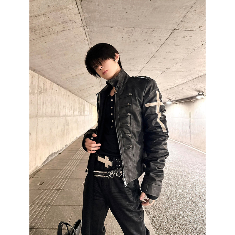 Subculture Black Slim-Fit Leather Jacket for Men, Autumn and Winter Warm Cross Visual Punk Short Jacket