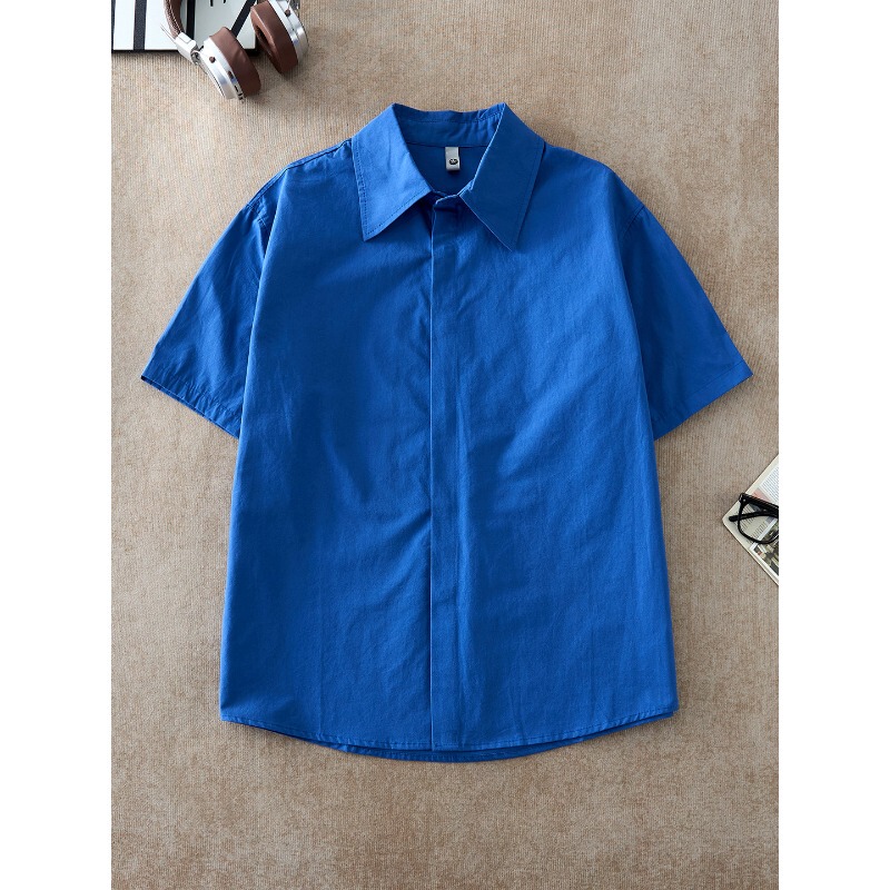 Klein Blue Lapel Short-Sleeved Shirt for Men, Summer Loose Fit, High-End, Light Luxury Half-Sleeved Shirt Klein Blue Lapel Short-Sleeved Shirt for Men, Summer Loose Fit, High-End, Light Luxury Half-Sleeved Shirt