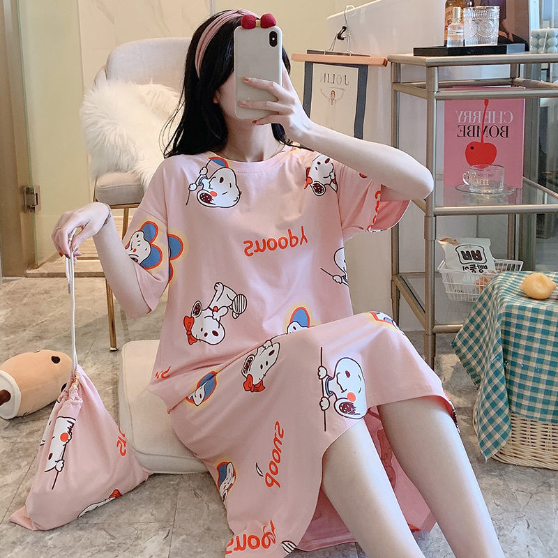 Sweet and small fresh sleeping dress Women in summer pure cotton loose short sleeves over knee long version Skirt Woman Korean version Letter Home Residence Dress