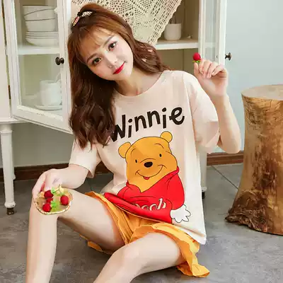 Pajamas women Summer thin combed cotton short sleeve two-piece set Spring and Autumn cute students can wear home clothes women