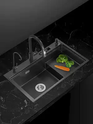 Stepped nano sink single sink black 304 stainless steel kitchen wash basin household dishwashing pool with knife holder
