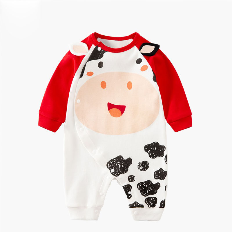 Korean Version Baby Conjoined Ox Year Autumn Clothing Baby Clothes Spring Autumn Cute Tennis Red Newborn Pure Cotton Clothes Full Moon Clothes