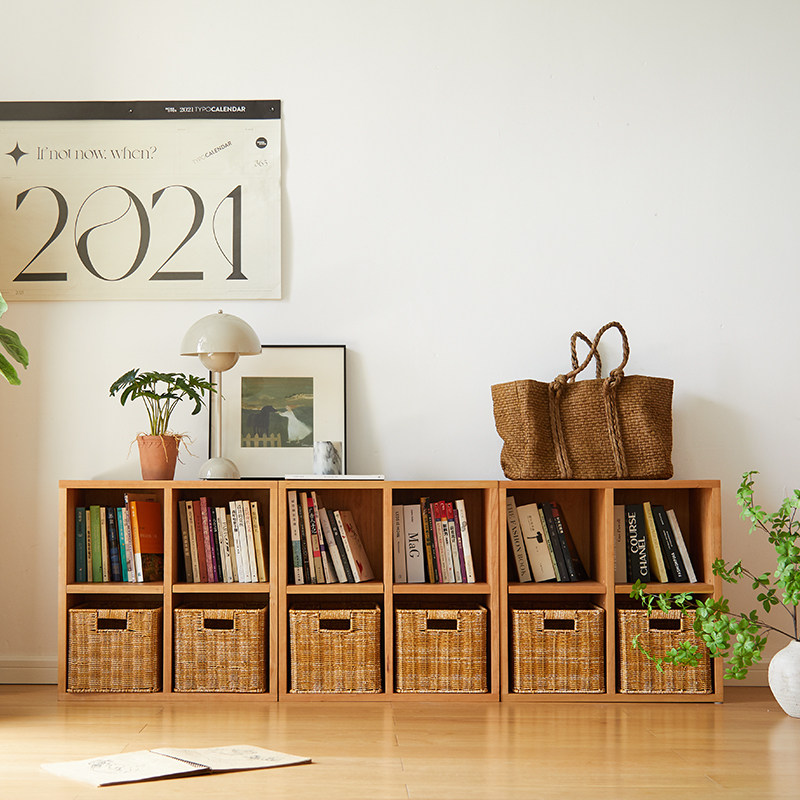 Yulu Nordic solid wood bookshelf floor low cabinet free combination lattice cabinet display cabinet shelf against wall