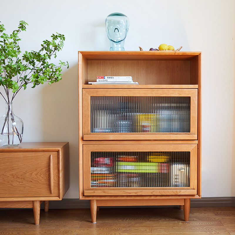 Yu Mu Weijia Nordic solid wood bookcase Living room Cherry wood floor with door display side cabinet locker