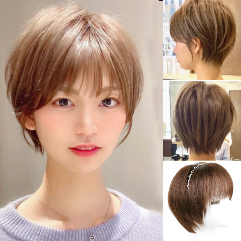 Wig short hair female summer simulation full head cover type real hair Full real person from natural fake hair net Red modeling wig set