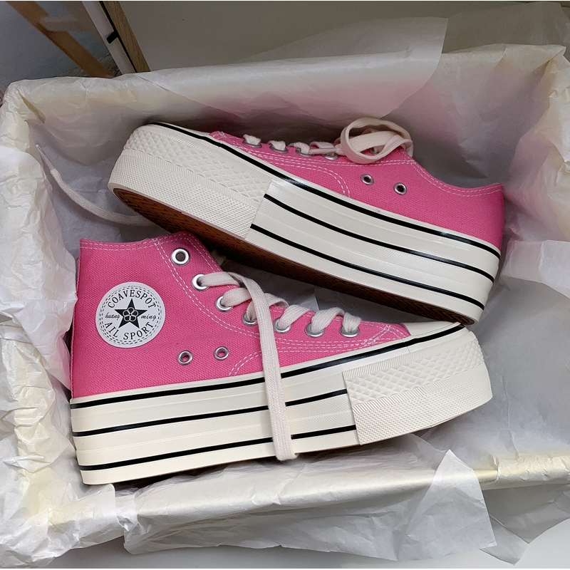 Converse High-Top Pink Platform Canvas Shoes for Women, Versatile Height-Increasing Platform Sneakers for Petite Individuals, Street Style Sneakers