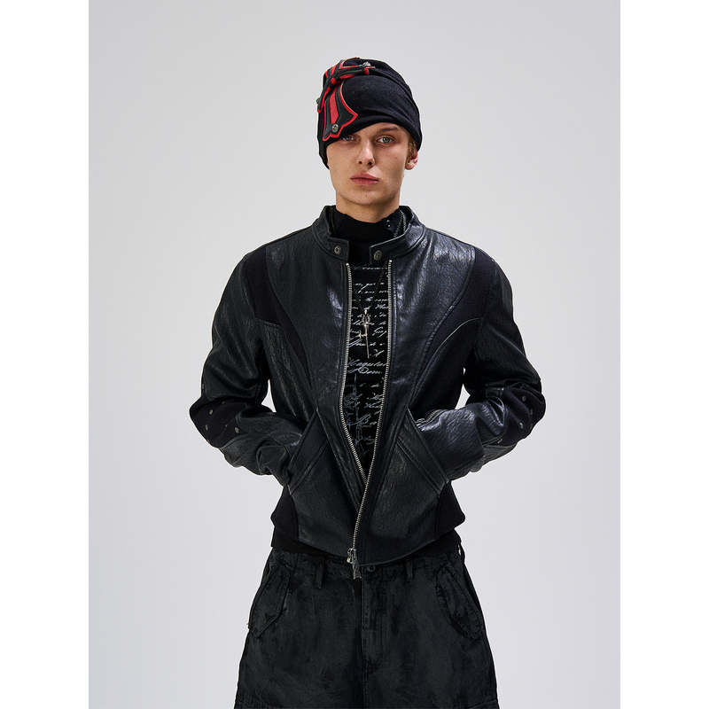 Flyerrer Yue Mo Heavy Industries Irregular Patchwork Design Stylish American-Style Jacket Loose Biker Leather Jacket
