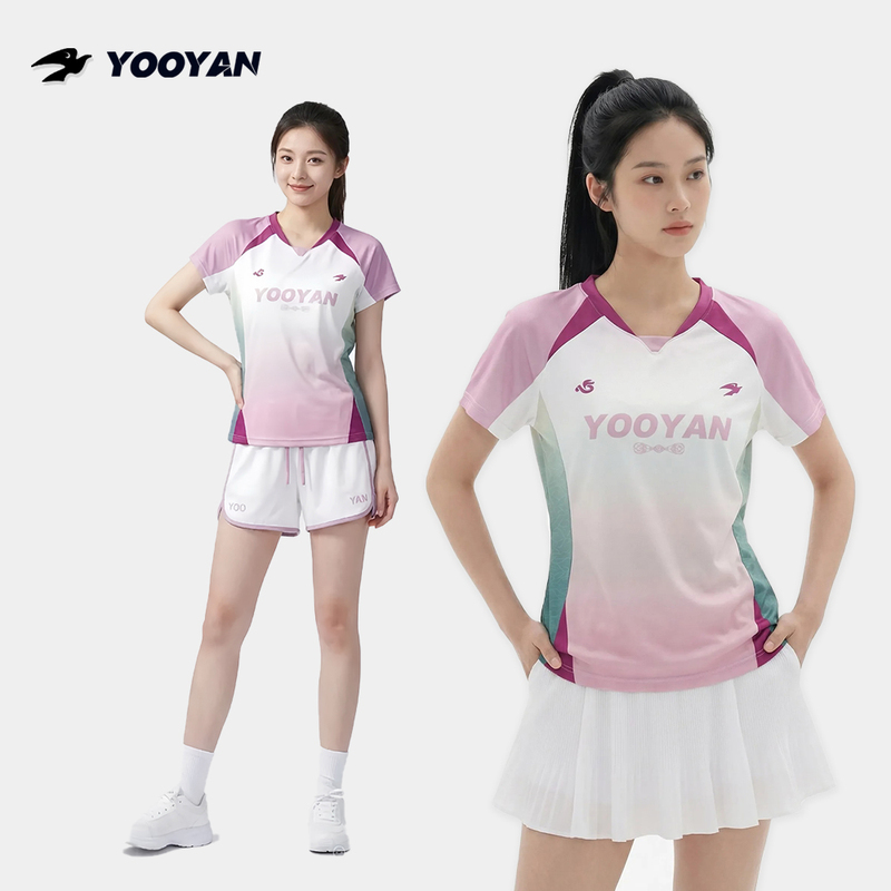 Yuyan Yuanqi Taotao Badminton Uniform Short-Sleeve Sportswear Pink Breathable Sports Shorts Casual Gradient Color