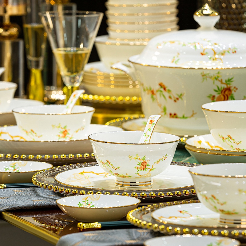 High-End Tableware Bone China Bowl and Plate Set, Chinese-Style Bowl and Plate Dinnerware Set, Light Luxury Gold-Painted Tableware, Suitable for Gifting, Microwaveable