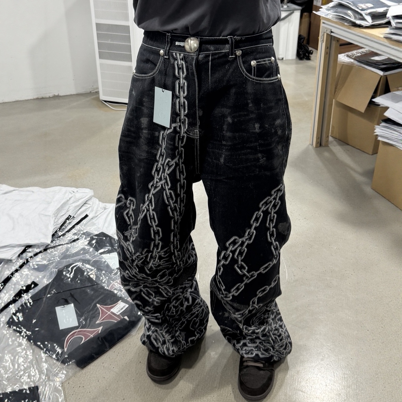 Thug Club 26Fw Subculture Distressed Hardware Chain 3D Digital Print Loose Baggy Jeans Trendy