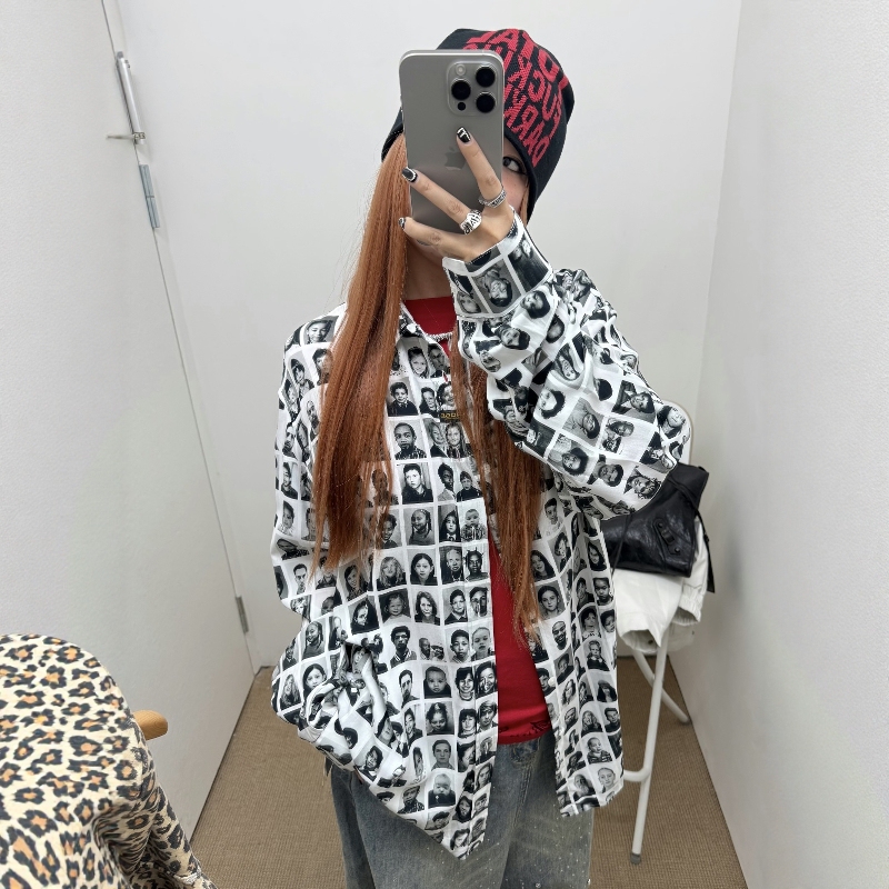 In-Stock Martine Rose Full-Print Portrait Grid Digital Print Vintage Casual Sun-Protective Long-Sleeve Shirt for Men and Women