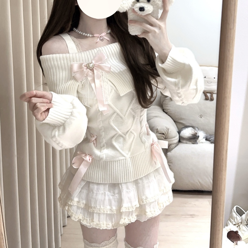 Antique Rose Vintage Style One-Shoulder Bow Slim-Fit Sweater Autumn and Winter Original Design Antique Rose Vintage Style One-Shoulder Bow Slim-Fit Sweater Autumn and Winter Original Design