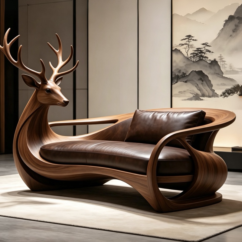 New Chinese-Style North American Black Walnut Deer-Shaped Sofa, New Model, Solid Wood, Creative Art, Light Luxury, Genuine Leather Single Leisure Chair