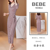 BEBE NOBLE Socialite-style printed wrap long dress One-piece ankle-length mid-sleeve slim long dress