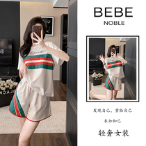 BEBE NOBLE light luxury color matching short-sleeved T-shirt suit for women summer style loose slimming sports shorts two-piece set