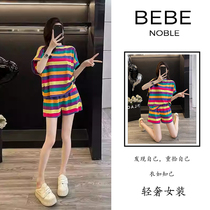 BEBE NOBLE European rainbow striped short-sleeved T-shirt suit womens summer design sports shorts two-piece set