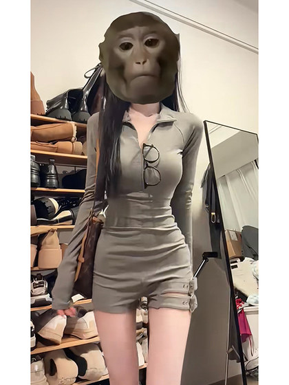 美式辣妹设计感绑带拉链长袖连体衣夏季新款修身显瘦包臀连身短裤