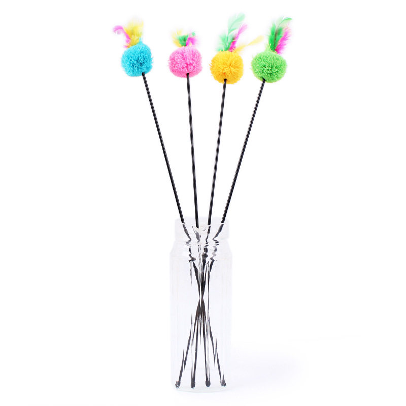 Elastic plastic long pole with wire ball colored feather teasing cat with cat toy pet kitty toy Cat Toys