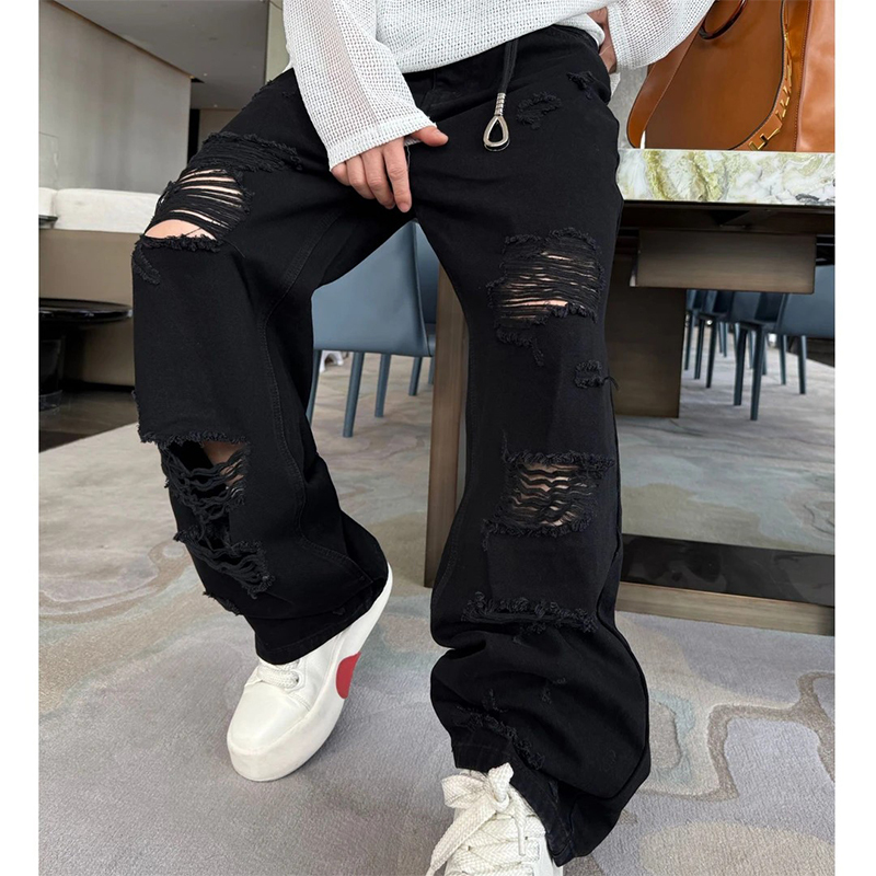 Trendy Ripped Black Jeans for Men 2026 Summer New Versatile Semi-Elastic Waist Loose Straight Casual Pants for Men