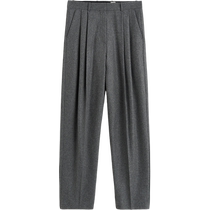 TOTEME Woman Clothing Hemp Grey Wool Blend Low Waist Double Plexant Straight Barrel Long Pants