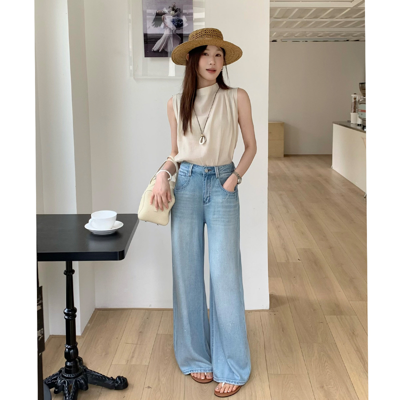Zvzo Women's Summer Work Clothing Casual Loose Straight Wide-Leg Floor-Length Jeans with Rhinestones Hz80525
